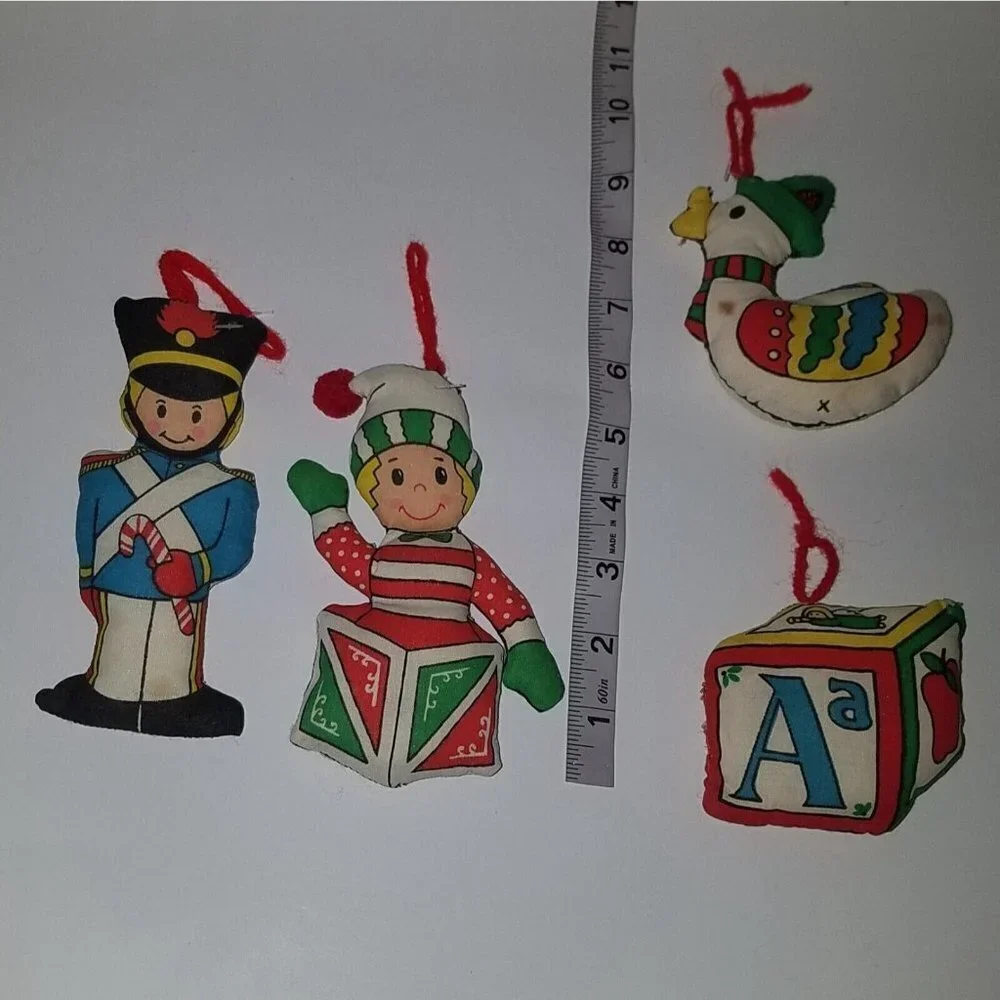 VTG Fabric Christmas Ornament Lot Soldier Jack in Box Block Duck Handmade AS IS